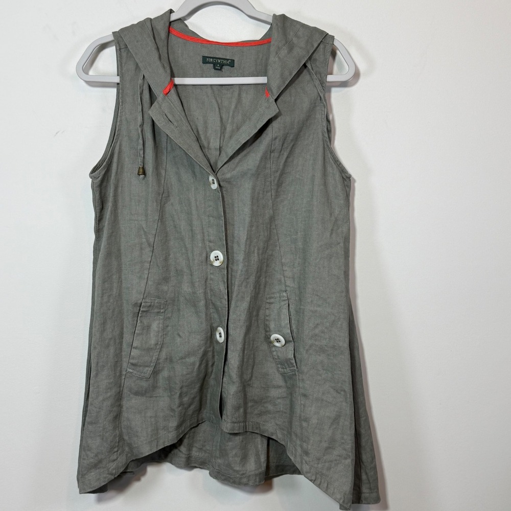 Excellent For Cynthia Linen Hooded Vest Women S Gray Excellent Sleeveless Button